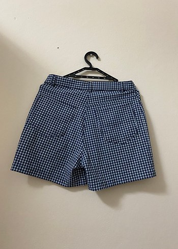 Düğmeli Ekose Mavi Mini Kadın Şort - Görsel 2