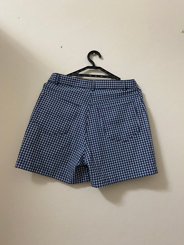 Düğmeli Ekose Mavi Mini Kadın Şort - Görsel 2