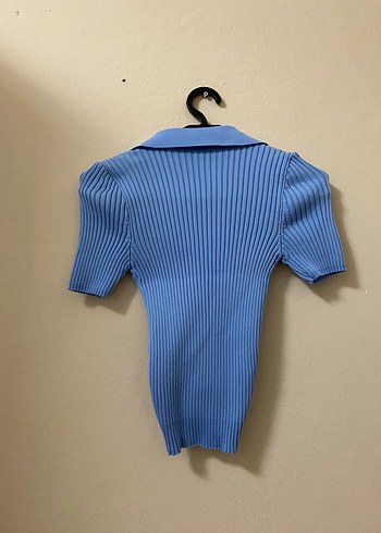 Mavi Örgü Kadın Bluz, Kısa Kollu, Yaka Detaylı - Görsel 2