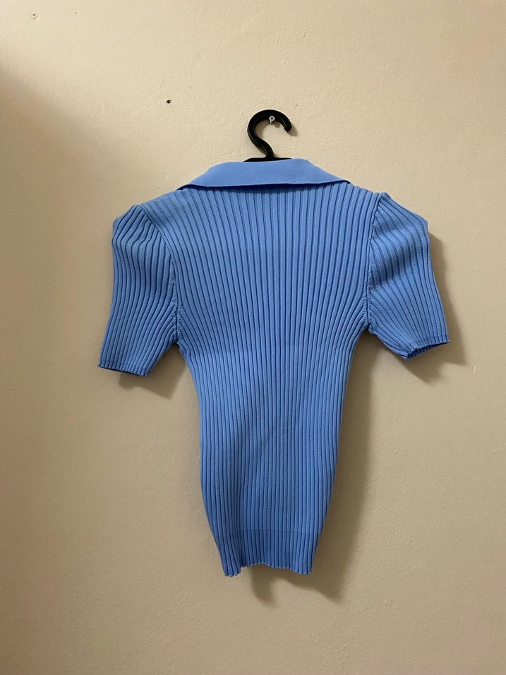 Mavi Örgü Kadın Bluz, Kısa Kollu, Yaka Detaylı - Görsel 2