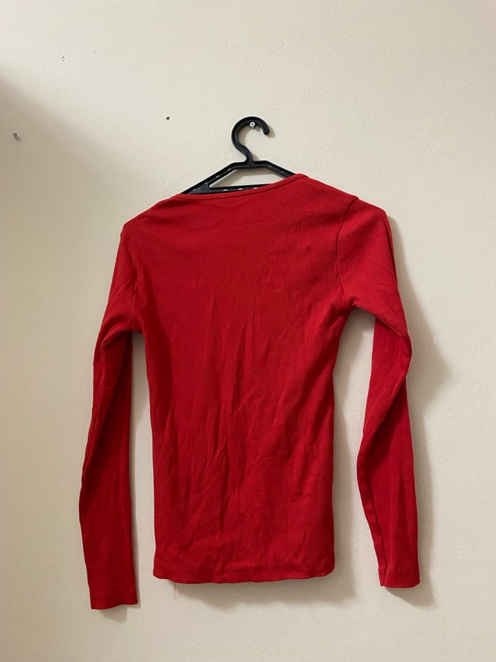 Kırmızı Uzun Kollu Kadın Keten Bluz - Görsel 2