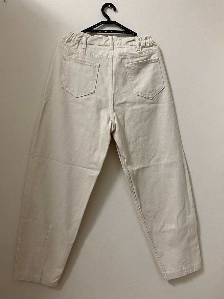 Krem rengi Keten Midi Kadın Pantolon - Görsel 2