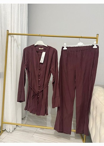Bordo Kadın Uzun Kol Düğmeli Ofis Takım - Görsel 2