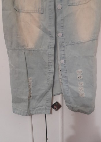 Gri Uzun Kesim Düğmeli Kadın Denim Ceket - Görsel 3