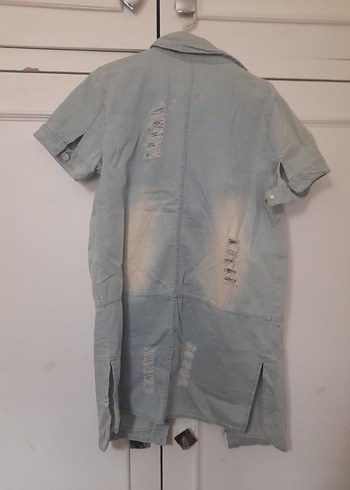 Gri Uzun Kesim Düğmeli Kadın Denim Ceket - Görsel 2