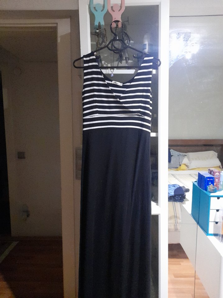 Çizgili Siyah Uzun Kadın Elbise - Görsel 3