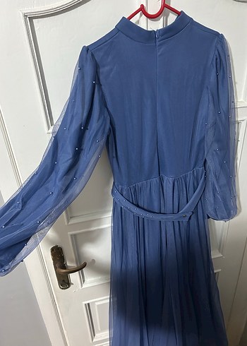 Uzun Mavi Drapeli Kadın Abiye Elbise - Görsel 2