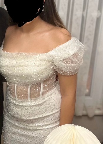 Dantel Detaylı Modern Klasik Beyaz Nişan Elbisesi - Görsel 2