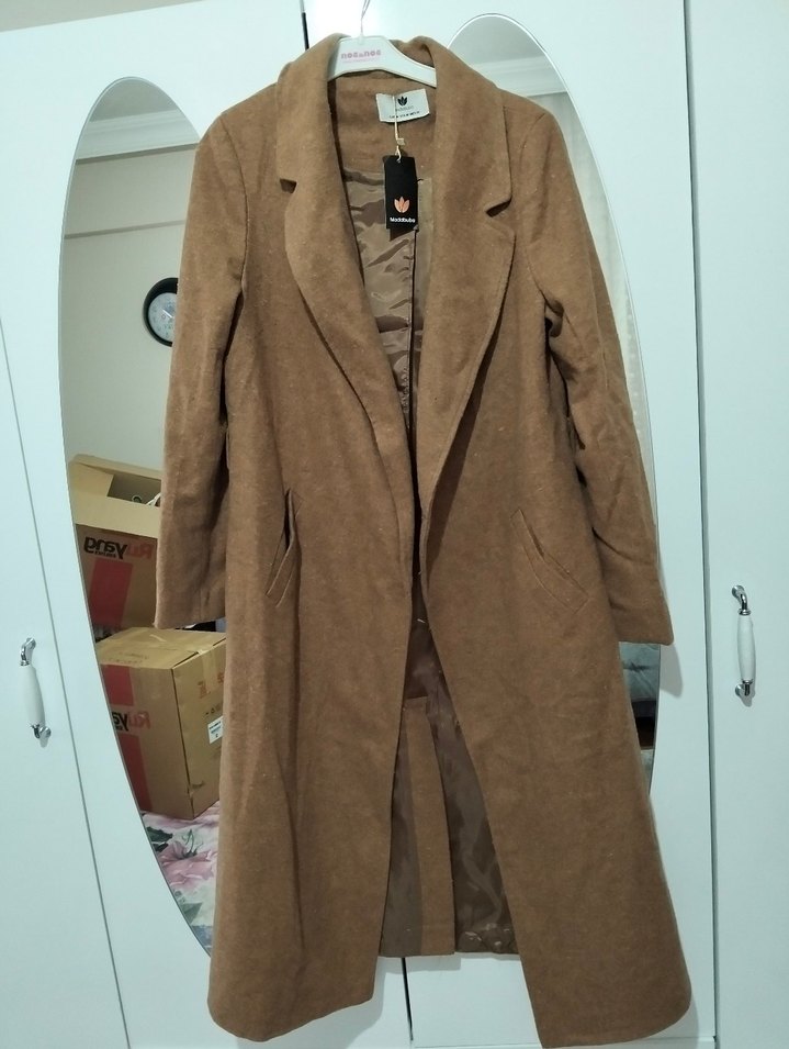 Bej Süet Kadın Uzun Düğmeli Kaban - Görsel 2