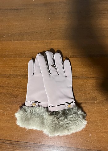 Kadın Bej Suni Kumaş Kürklü Eldiven - Görsel 3