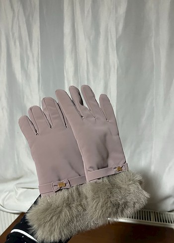 Kadın Bej Suni Kumaş Kürklü Eldiven - Görsel 2