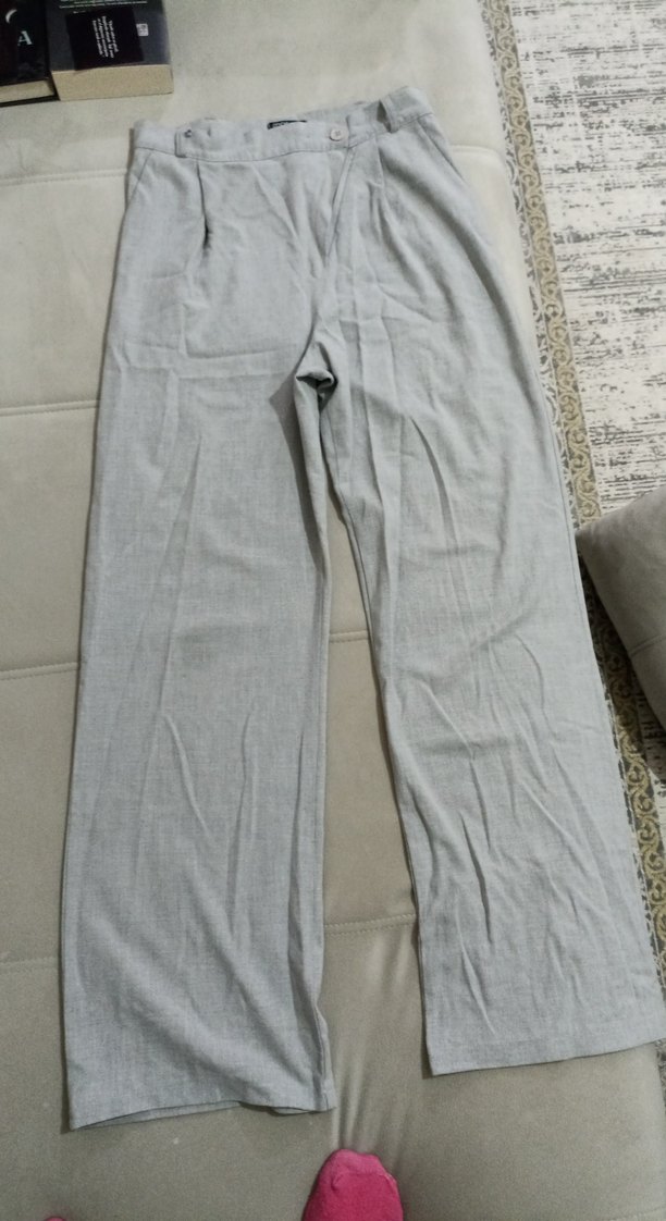 Gri Regular Fit Keten Kadın Pantolon - Görsel 5