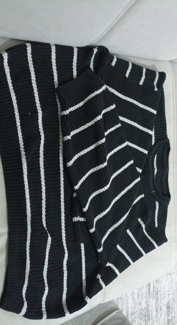 Çizgili Siyah-Gri Triko Kadın Kazak - Görsel 2
