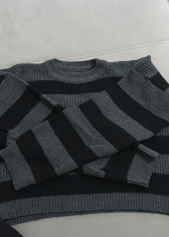 Gri Çizgili Yün Kadın Kazak - Görsel 5