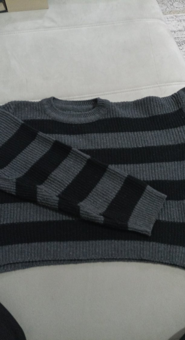 Gri Çizgili Yün Kadın Kazak - Görsel 2