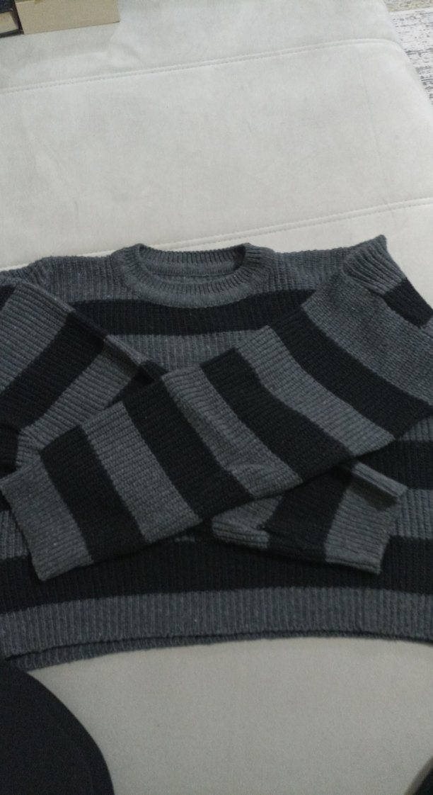 Gri Çizgili Yün Kadın Kazak - Görsel 5