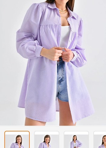 Düğmeli Uzun Kollu Mini Mor Gömlek - Görsel 2