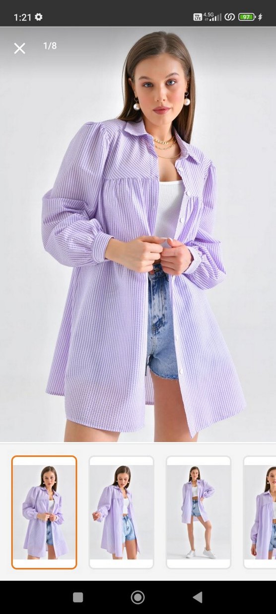 Düğmeli Uzun Kollu Mini Mor Gömlek - Görsel 2