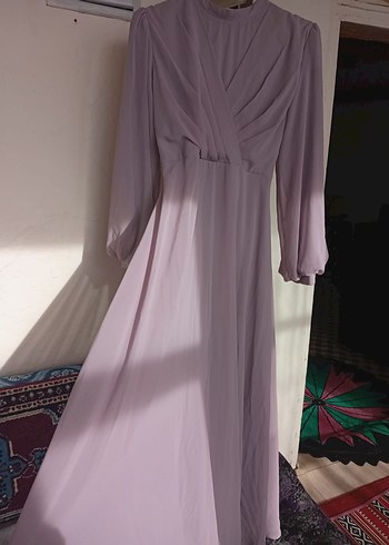 Mor Uzun Kollu Drapeli Kadın Abiye Elbise başörtüsü de mevcut - Görsel 3