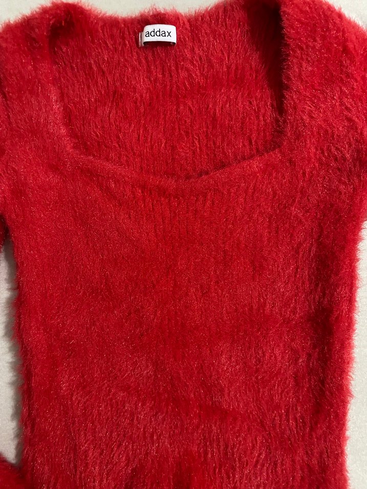 Kırmızı Kadın Triko Uzun Kollu Kazak - Görsel 2