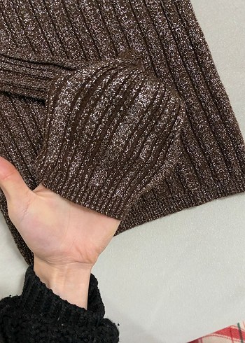 Kadın Kahverengi simli Boğazlı Triko Kazak - Görsel 6