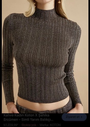 Kadın Kahverengi simli Boğazlı Triko Kazak - Görsel 2