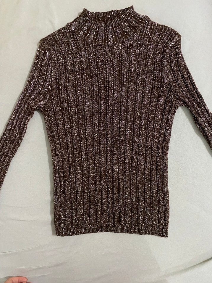 Kadın Kahverengi simli Boğazlı Triko Kazak - Görsel 3