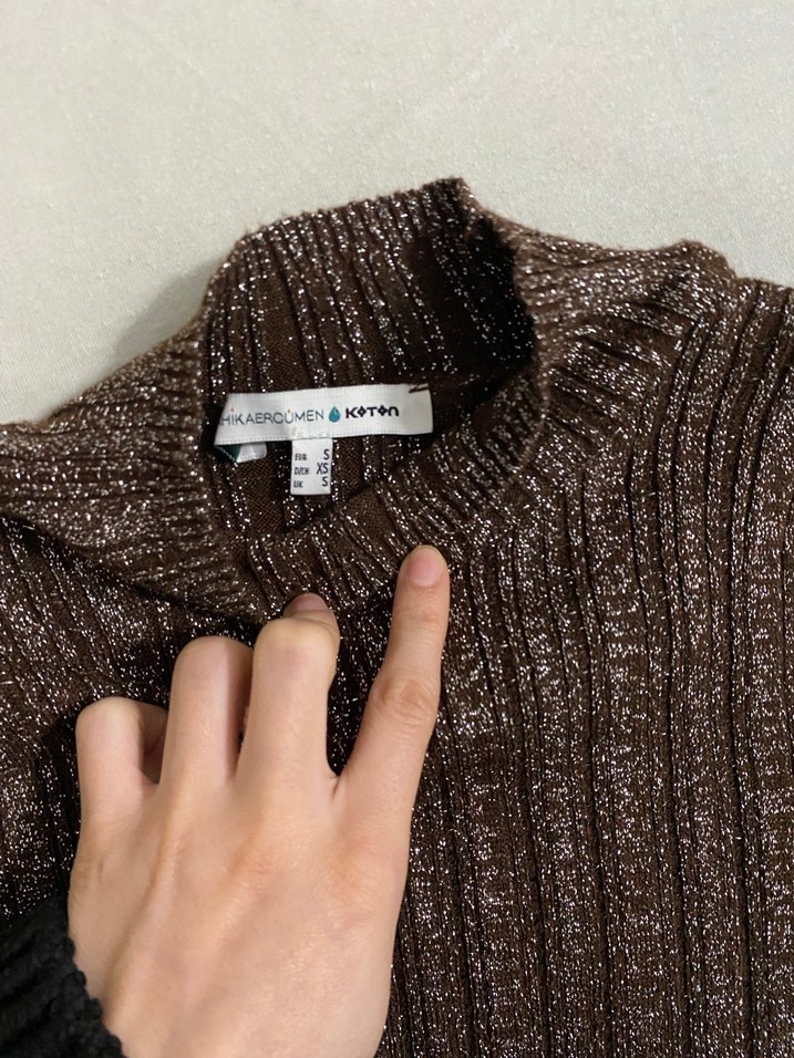 Kadın Kahverengi simli Boğazlı Triko Kazak - Görsel 5