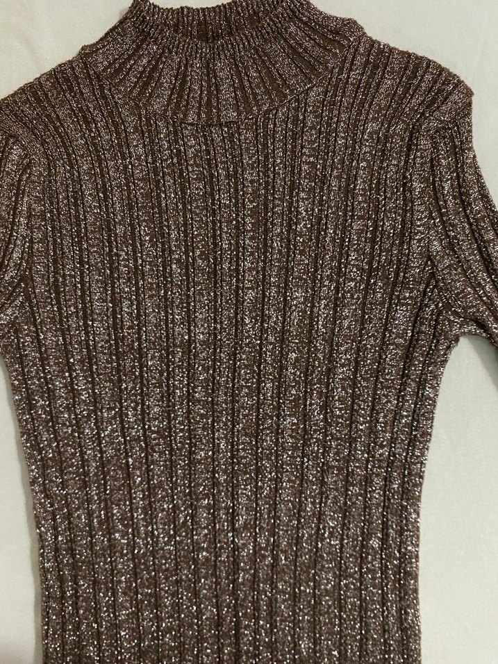 Kadın Kahverengi simli Boğazlı Triko Kazak - Görsel 4