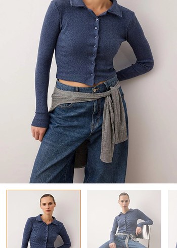 Düğmeli V Yaka Kadın Kot Triko - Görsel 3