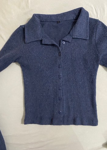 Düğmeli V Yaka Kadın Kot Triko - Görsel 4