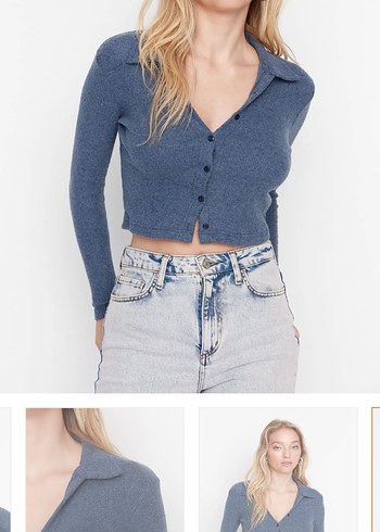 Düğmeli V Yaka Kadın Kot Triko - Görsel 2