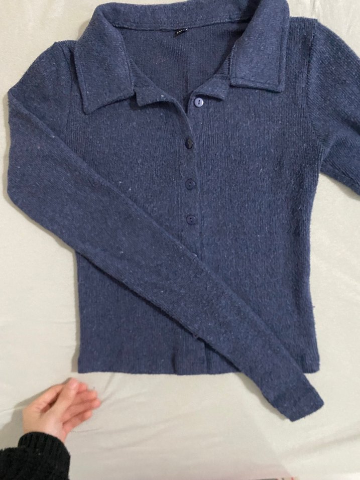 Düğmeli V Yaka Kadın Kot Triko - Görsel 5