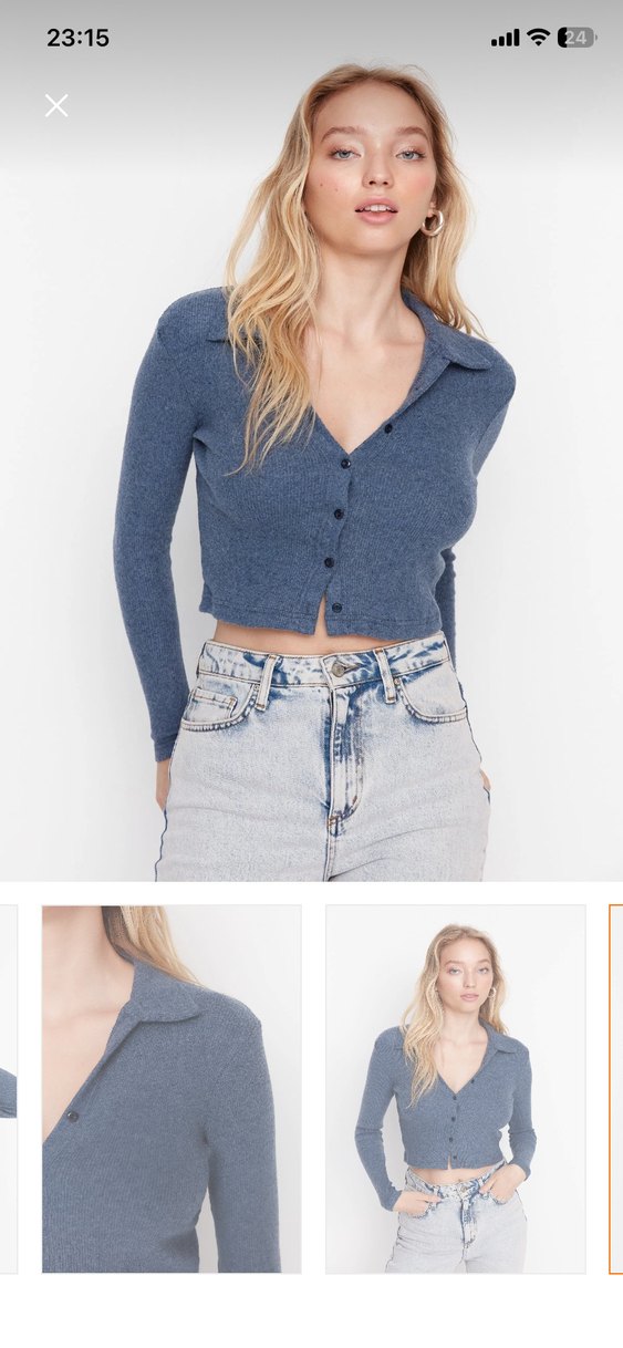 Düğmeli V Yaka Kadın Kot Triko - Görsel 2