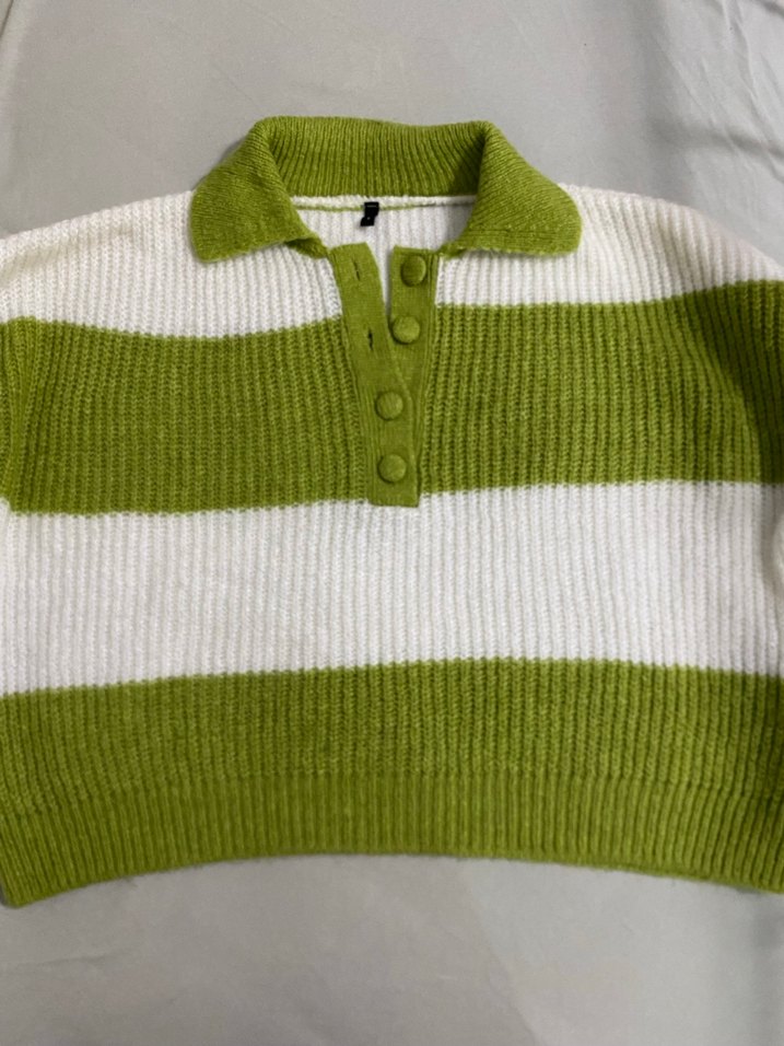 Yeşil Beyaz Çizgili Örgü Kadın Kazak - Görsel 2