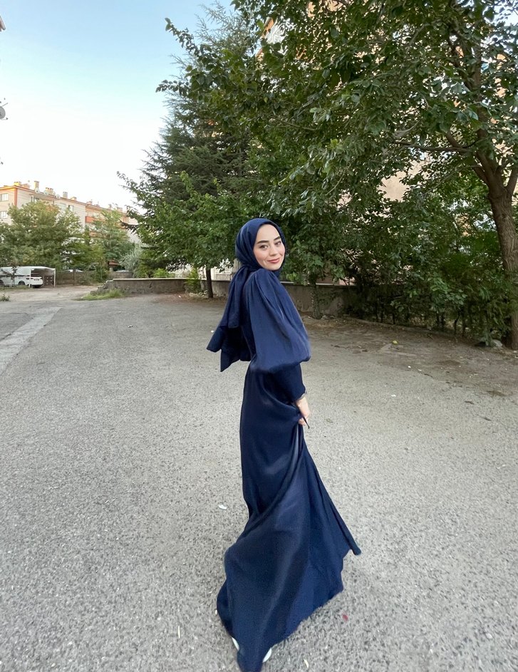 Lacivert Drapeli Uzun Kadın Elbise - Görsel 2