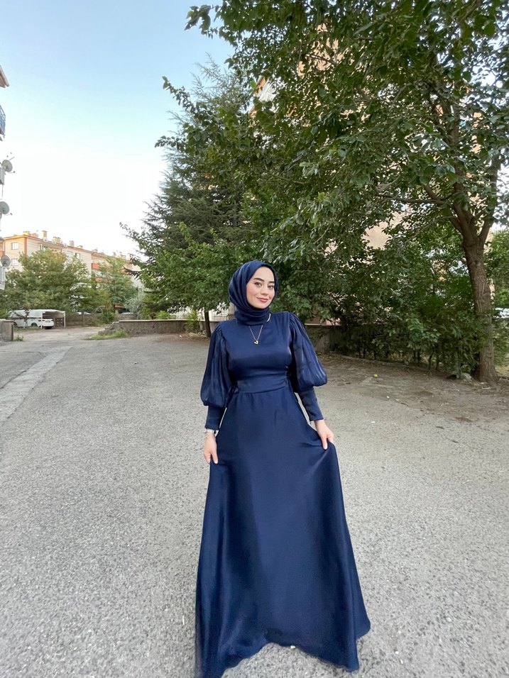 Lacivert Drapeli Uzun Kadın Elbise - Görsel 3