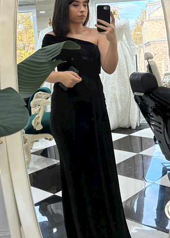 Tek Omuzlu Siyah Uzun Drapeli Elbise - Görsel 3