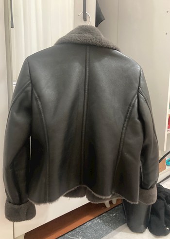 Gri Deri Kürklü Biker Kadın Ceket - Görsel 2