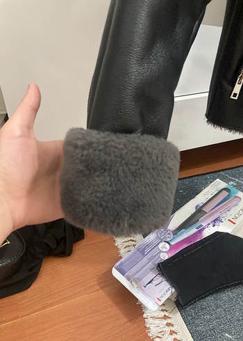 Gri Deri Kürklü Biker Kadın Ceket - Görsel 6