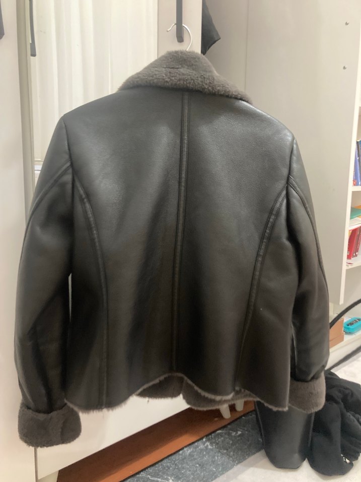 Gri Deri Kürklü Biker Kadın Ceket - Görsel 2