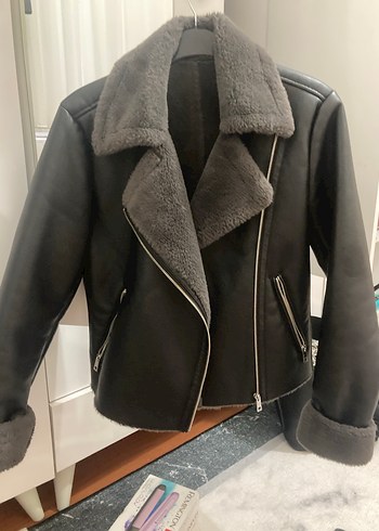 Gri Kürklü Deri Biker Ceket - Görsel 5