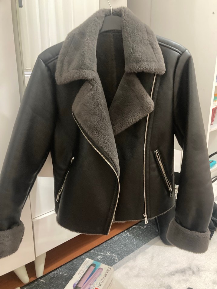 Gri Kürklü Deri Biker Ceket - Görsel 5