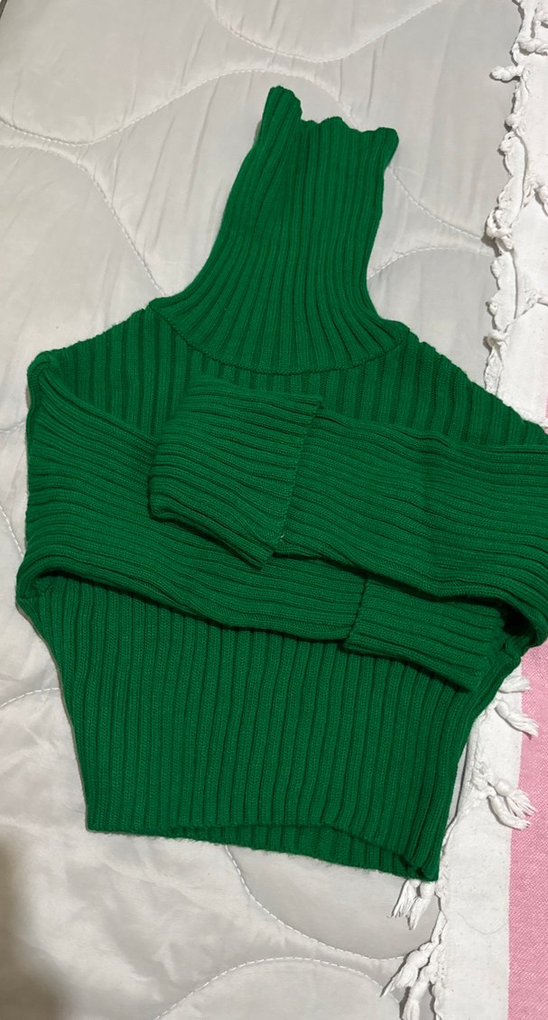 Yeşil Fitilli Boğazlı Triko Kadın Kazak - Görsel 2
