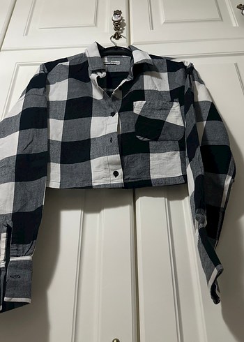 Kadın Gri Kareli Düğmeli Uzun Kollu Gömlek - Görsel 4