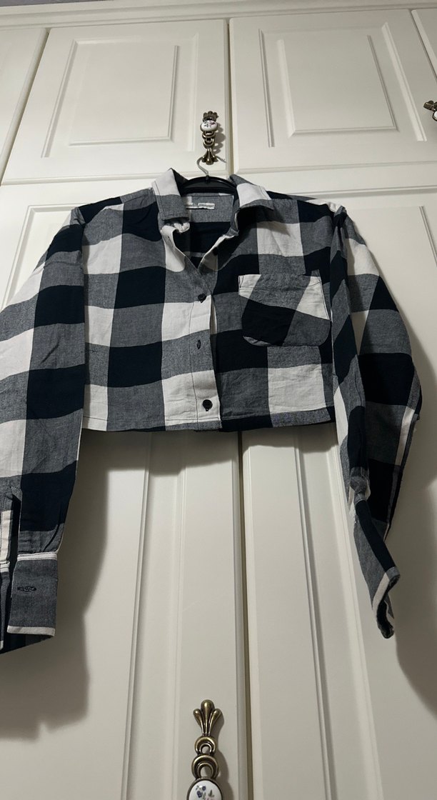 Kadın Gri Kareli Düğmeli Uzun Kollu Gömlek - Görsel 4