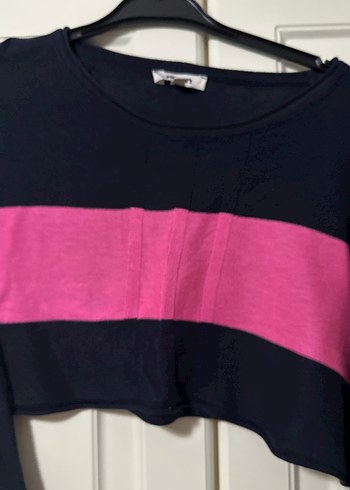 Pembe Şeritli Siyah Mini Kadın Triko Sweatshirt - Görsel 2
