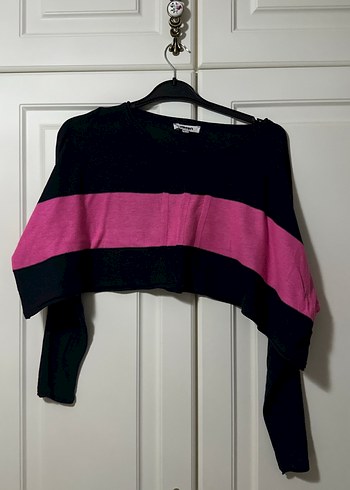 Pembe Şeritli Siyah Mini Kadın Triko Sweatshirt - Görsel 4