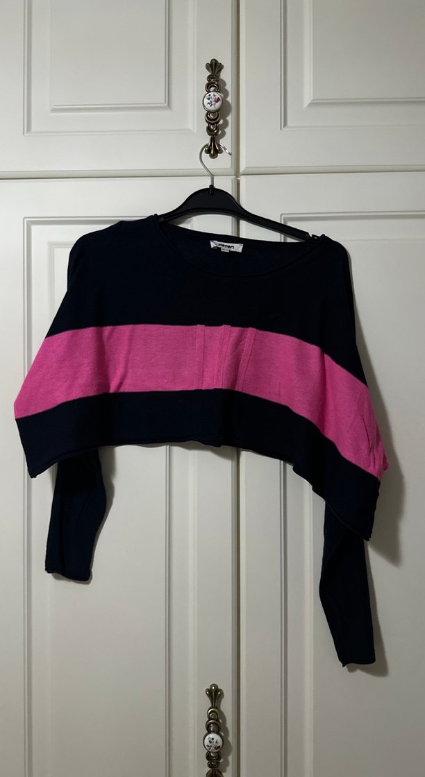 Pembe Şeritli Siyah Mini Kadın Triko Sweatshirt - Görsel 4