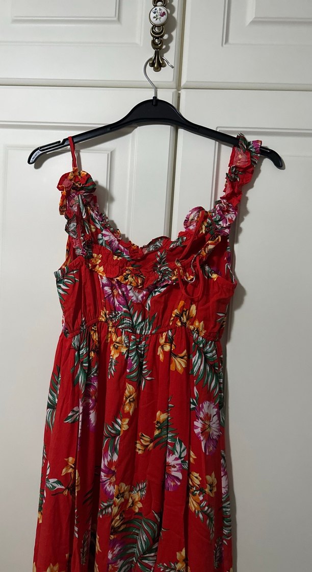 Kırmızı Çiçekli Uzun Bohem Elbise - Görsel 3